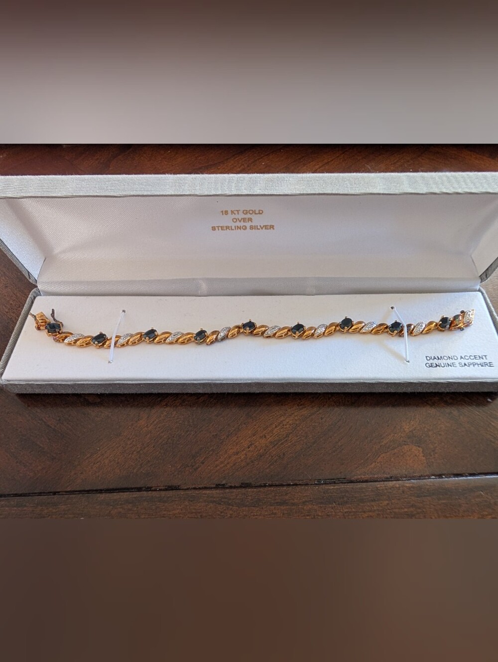 Vintage Genuine Sapphire & Diamond Accent Bracelet 18KT gold Over Sterling 7"
